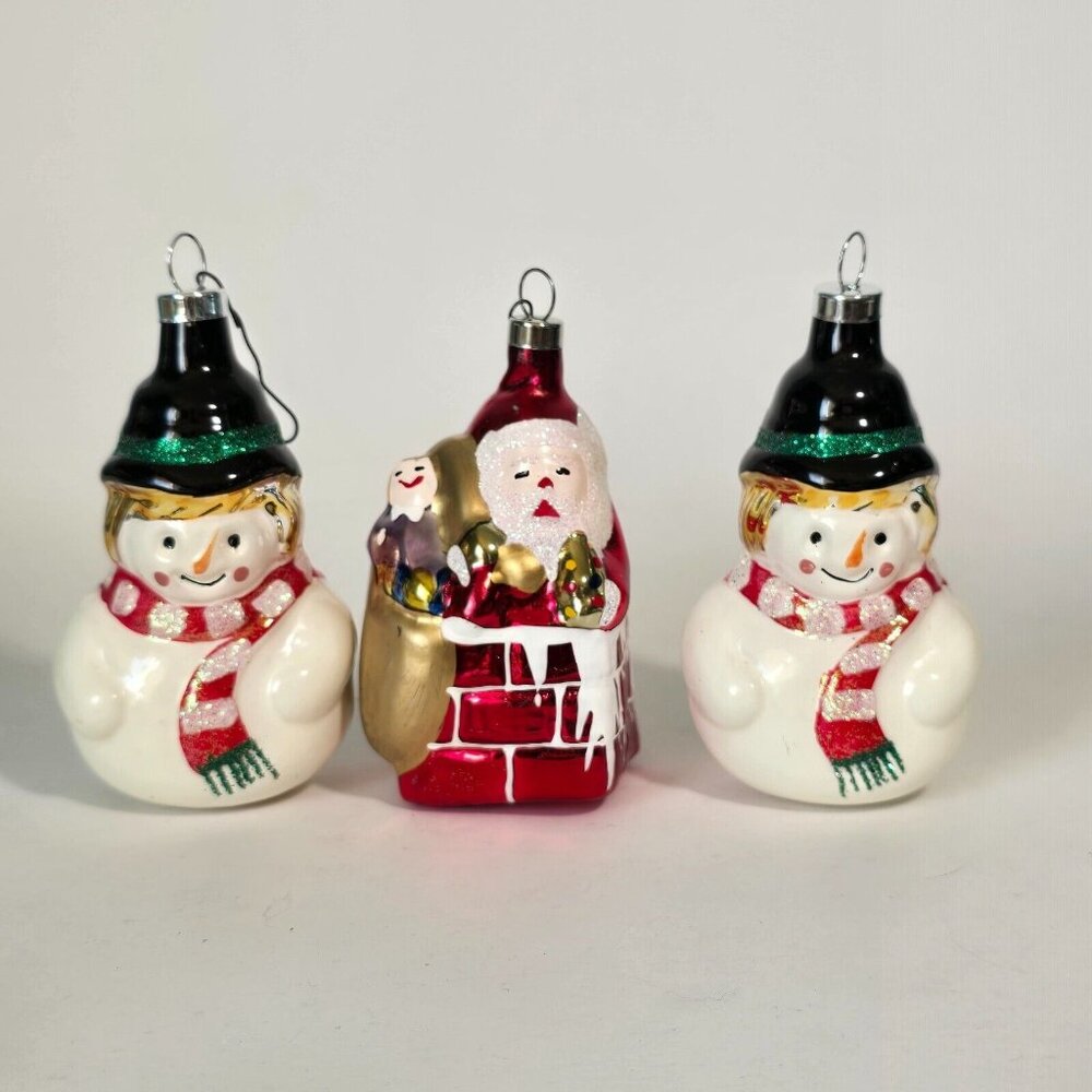 Christmas Ornament Set Blown Glass Snowman Santa Claus Sparkles Multicolor Xmas - Picture 2 of 14